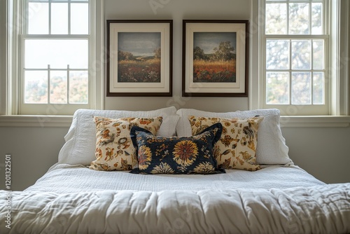Cozy bedroom with floral decor and natural light illuminating the bedding