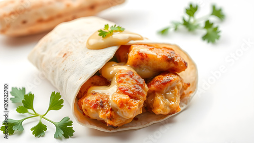 Chicken shawarma wrap isolated on white background with garlic sauce. Generative AI photo