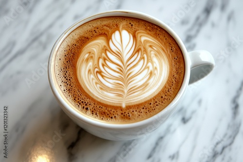 Beautiful latte art in a white cup on a marble table showcasing intricate des...