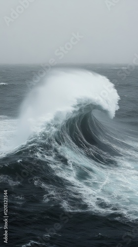 Majestic ocean wave crashing against the shore on a cloudy day