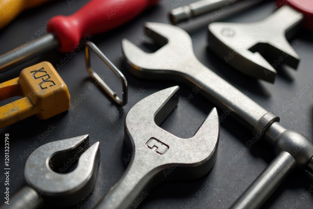 Fototapeta premium Close-up of assorted hand tools, metallic gleam , shiny, disassembly