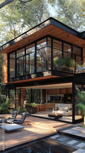 Modern house design surrounded by trees with large windows and outdoor living...