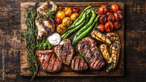 A beautifully presented mookata meal featuring various types of meat and vegetables, each bursting with color and flavor, ready to be grilled and enjoyed photo