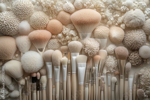 Collection of various makeup brushes arranged neatly on a flat surface