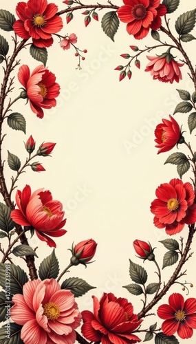 Intricate red floral toile, vintage French scenic design , floral, pattern