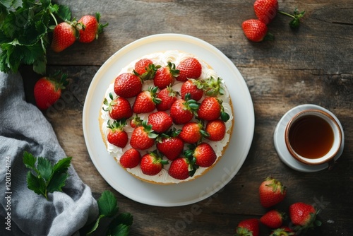 Fresh strawberry cake with whipped cream on a white plate served at a bright ...