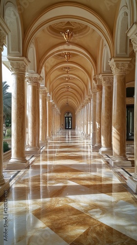 Elegant golden corridor with majestic columns illuminated by soft sunlight