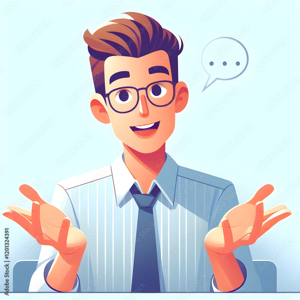 Professional businessman gesturing while explaining concept, wearing glasses and crisp shirt in modern, well lit workplace setting Professional businessman gesturing while explaining concept, wearing glasses and crisp shirt in modern, well lit workplace setting