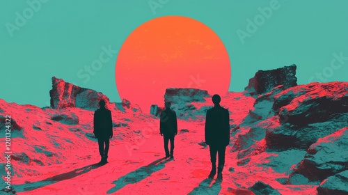 Three Figures Walking Beneath a Vibrant Sun in Surreal Landscape