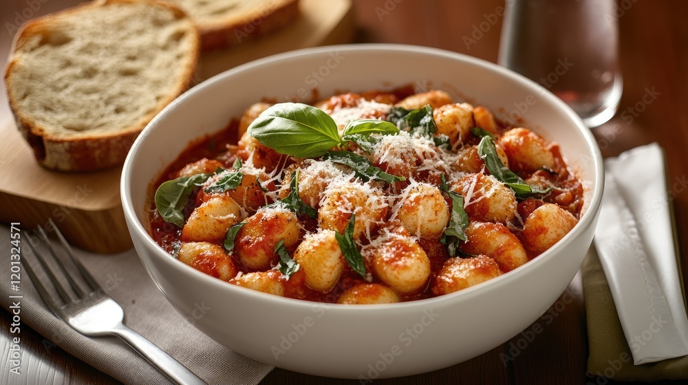 A bowl of gnocchi tossed in a rich tomato sauce, topped with fresh basil and grated Parmesan, served with a side of garlic bread A bowl of gnocchi tossed in a rich tomato sauce, topped with fresh basil and grated Parmesan, served with a side of garlic bread