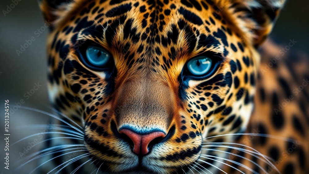 Obraz premium Hyperrealistic leopard portrait, intense blue eyes, detailed fur texture, vivid spots, close-up face, dramatic lighting, black background, wildlife photography, ultra-high definition, sharp focus, Nat