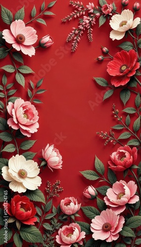 Crimson toile with lush blooms & pastoral scenes, classic French style , art, home