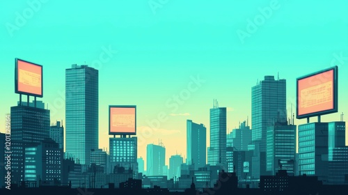 Wallpaper Mural Urban Landscape with Digital Billboards in a Modern City at Dusk Torontodigital.ca