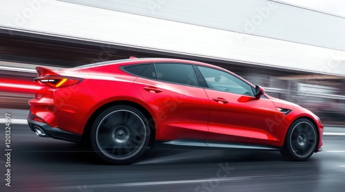 Red Car Driving in Front of a White Building with Motion Blur Effect Wallpaper Background