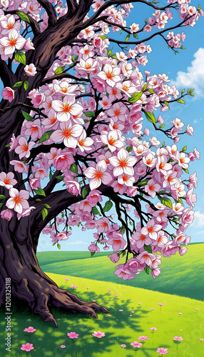 Wallpaper Mural Beautiful natural blooming tree spring flowers, comic art, with white tones Torontodigital.ca