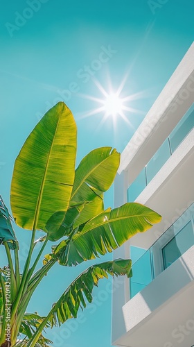 Modern architecture with lush tropical plants under a clear sky