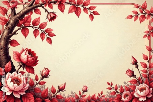 Intricate red floral toile, vintage French scenic design , intricate, rustic