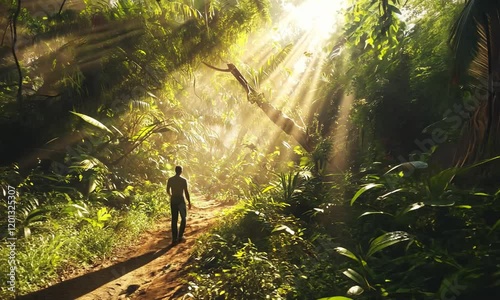 Man walking through a sunlit tropical forest path