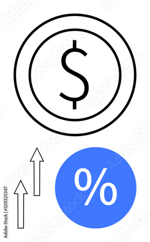 Dollar sign inside coin symbol next to percentage symbol and two upward arrows. Ideal for financial growth, investment returns, rising interest rates, economic trends, market analysis, profitability