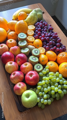 Fresh assorted fruits arranged on a wooden table with vibrant colors and text...