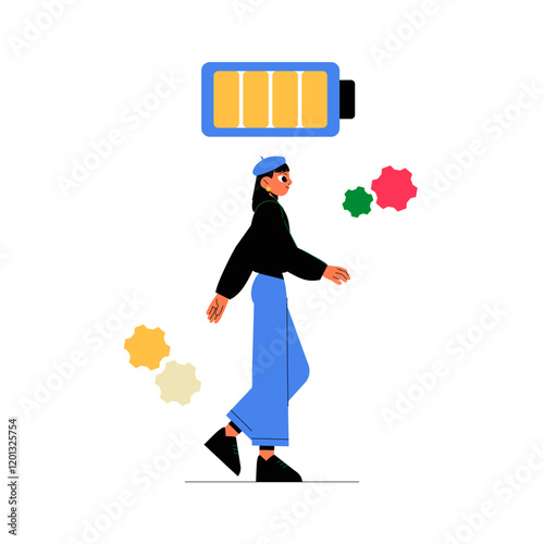 Woman Walking With Low Battery Icon In Flat Vector Illustration Symbolizing Fatigue, Exhaustion, And Energy Depletion, Isolated On White Background