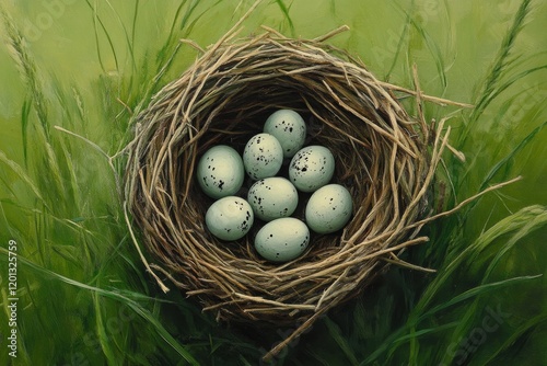 Nest with spotted eggs surrounded by lush greenery in a serene landscape
