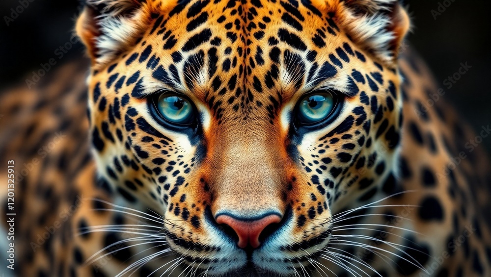 Fototapeta premium Hyperrealistic leopard portrait, intense blue eyes, detailed fur texture, vivid spots, close-up face, dramatic lighting, black background, wildlife photography, ultra-high definition, sharp focus, Nat