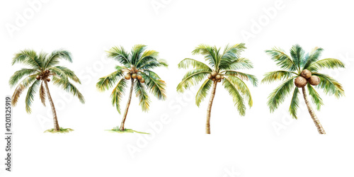 set of a watercolor palm tree with coconuts, tropical plants on a white background