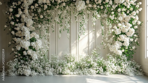 Elegant Floral Backdrop Featuring Abundant White Flowers with Greenery for Events and Photography Settings