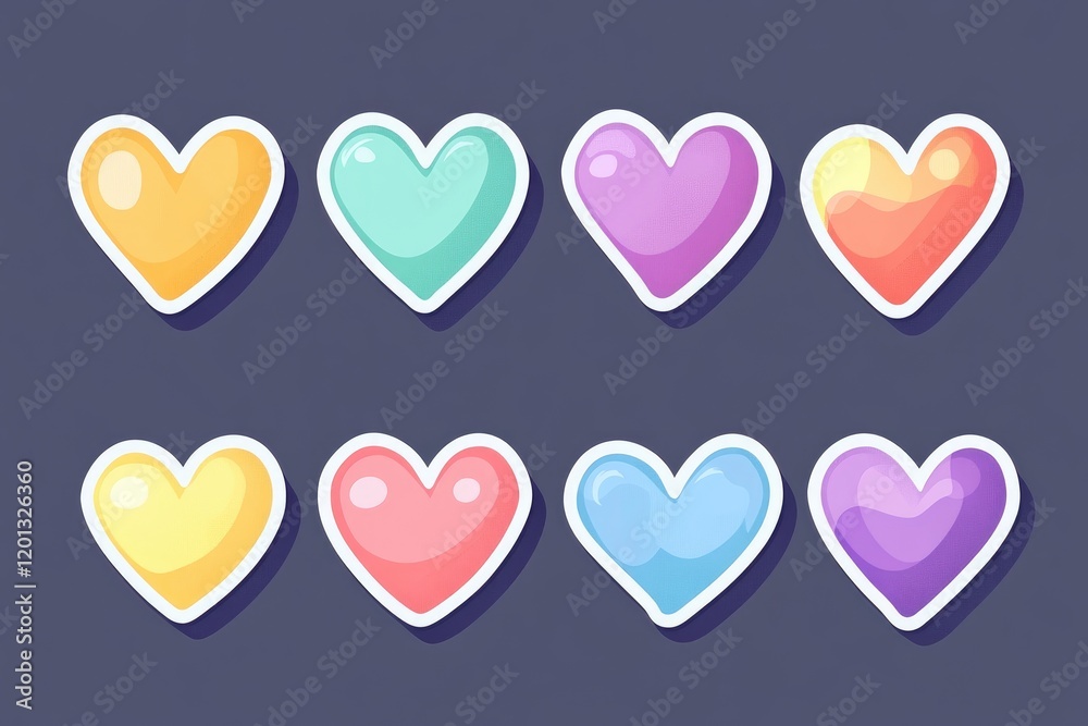Heart-shaped stickers in various colors provide perfect decorative options for designers and craft enthusiasts, enhancing cards and projects with a loving touch Heart-shaped stickers in various colors provide perfect decorative options for designers and craft enthusiasts, enhancing cards and projects with a loving touch