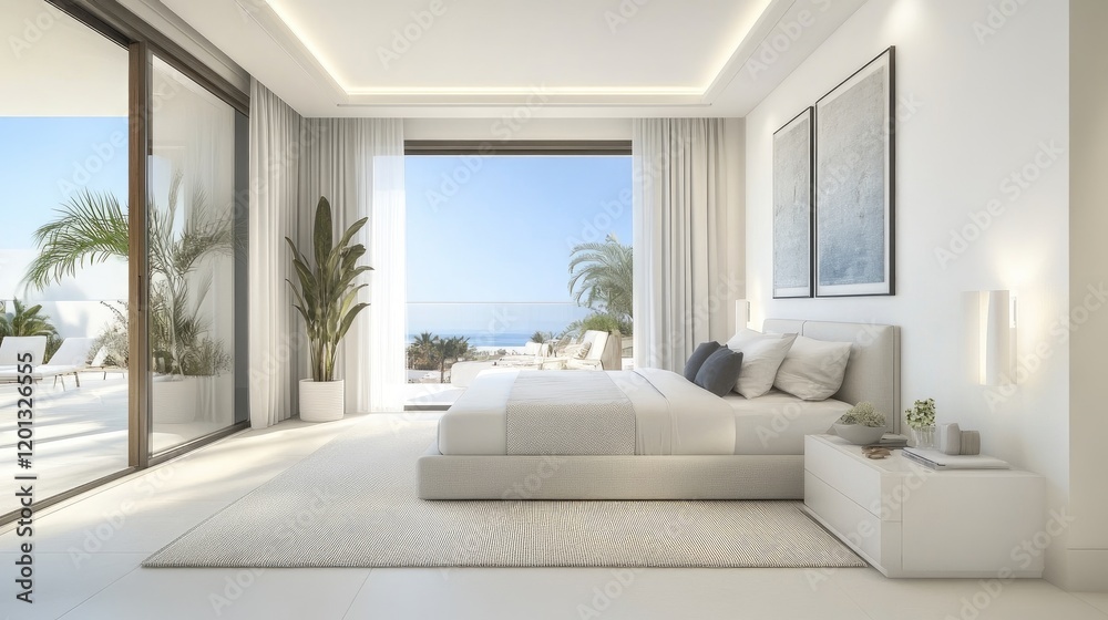 Fototapeta premium A clean and bright white bedroom with decorative wall art and potted plants, adding a touch of personality to the serene environment