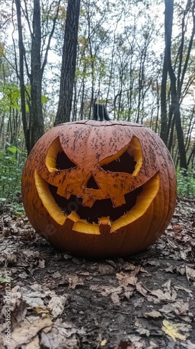Carved pumpkin with spooky face in wooded area during autumn season