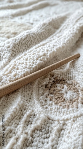 Colorful crochet work with intricate patterns and wooden hook crafted in a co...