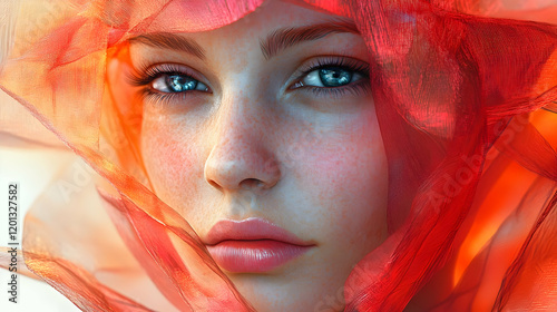 Close-up of a Woman's Face with Red Fabric Illustration