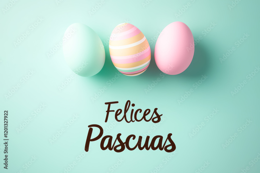 Pastel eggs with Felices Pascuas text on teal background
Pastel eggs with Felices Pascuas text on teal background