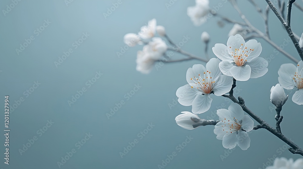 Fototapeta premium Delicate white cherry blossoms bloom against a soft blue background. Generative AI