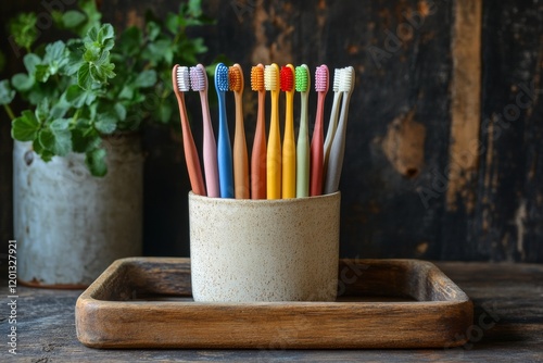 Colorful bamboo toothbrushes arranged neatly on wooden tray with natural back...