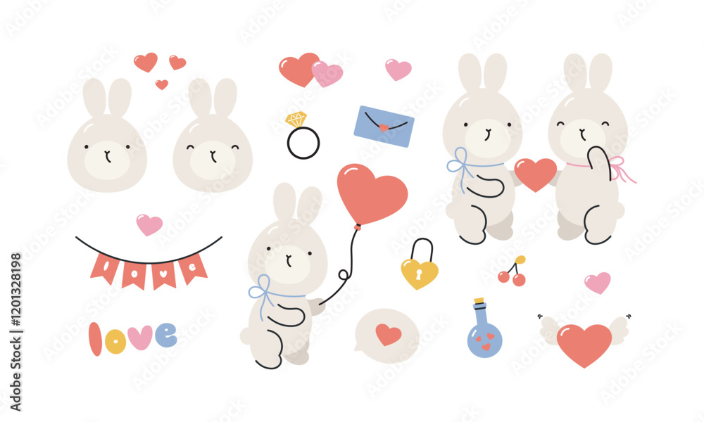 Valentine's day set with cute rabbits . Hearts, rabbits, letter, ring, lock, bottle with hearts and others for decorative. Cartoon flat style. Symbols of love. Vector illustration. Valentine's day set with cute rabbits . Hearts, rabbits, letter, ring, lock, bottle with hearts and others for decorative. Cartoon flat style. Symbols of love. Vector illustration.