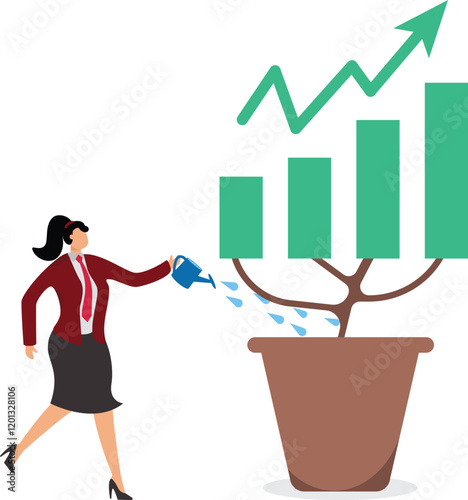 Grow business, growth or increase revenue income, personal development, growth mindset or investment profit, prosperity concept, businesswoman watering seedling plant with growing green growth arrow