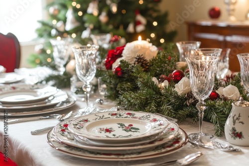 Elegant holiday dining table set with candles and festive decorations in cozy...