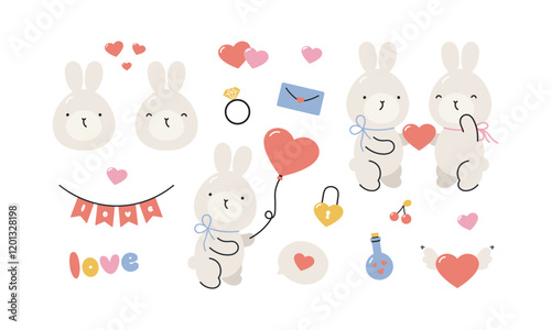 Valentine's day set with cute rabbits . Hearts, rabbits, letter, ring, lock, bottle with hearts and others for decorative. Cartoon flat style. Symbols of love. Vector illustration.