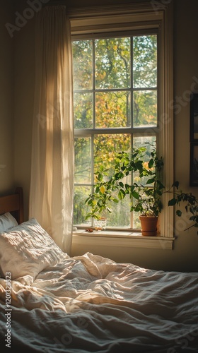 Cozy bedroom with sunlight streaming through a large window and a comfy bed i...