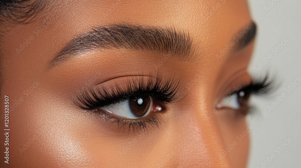 Naklejka premium A close-up of a woman's eyes with a focus on natural beauty, highlighting her eyelashes and the subtle emotions conveyed through her gaze