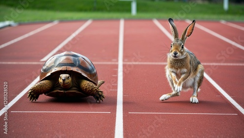 Athletes compete in track sports, running a red line sprint on the racetrack photo