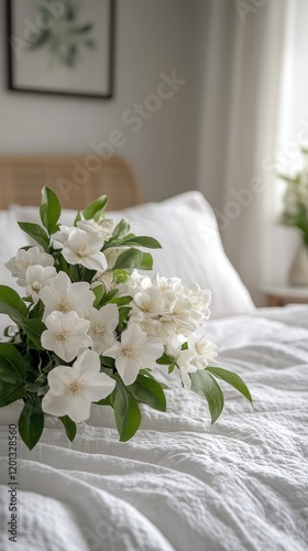Fresh white flowers in a cozy bedroom with soft bedding and natural light