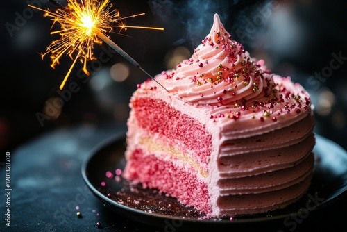 Celebration cake with pink frosting and sparkling candles for a special occas...