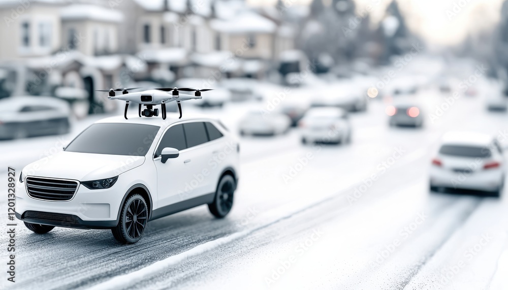 Winter action autonomous drone-equipped suv navigating snowy urban streets Winter action autonomous drone-equipped suv navigating snowy urban streets