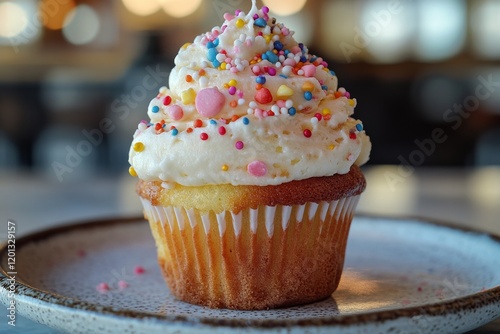 Delicious vanilla cupcake with colorful sprinkles on a festive plate during a...