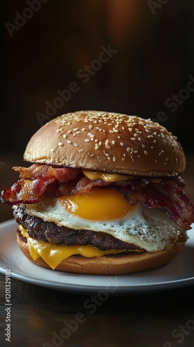 Mouthwatering burger with egg, bacon, and cheese on a toasted bun served in a...