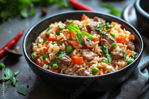 Savory rice dish with vegetables and meat in a bowl garnished with fresh herbs